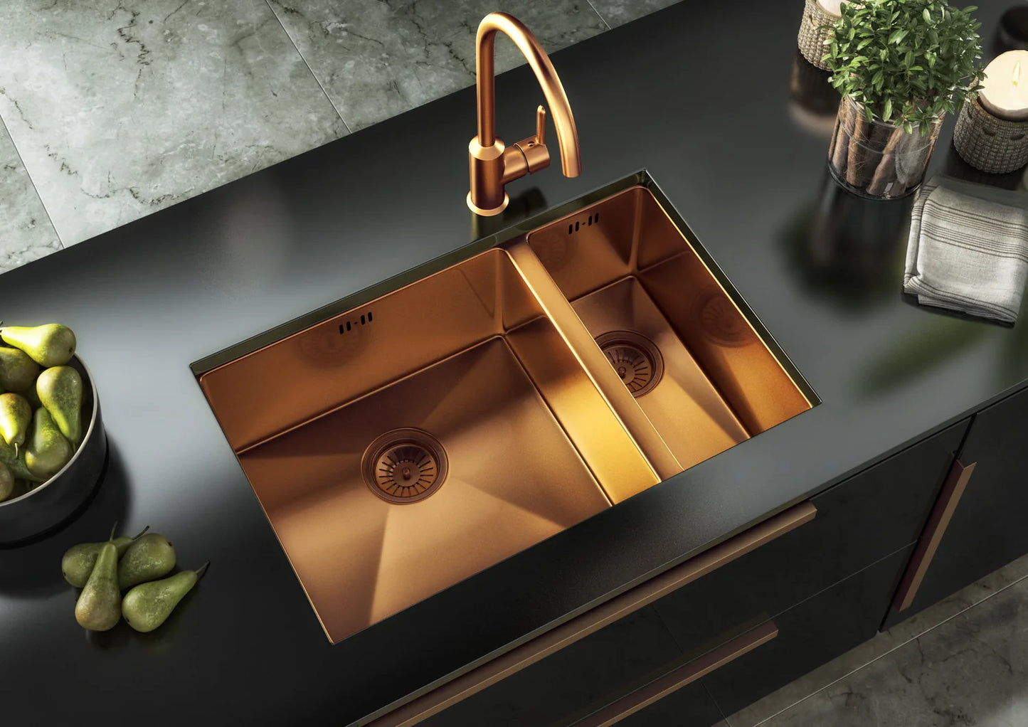 ETON | Vrimo | 1.5 Bowl Stainless Steel Kitchen Sink | Inset or Undermounted | Copper Strainer Wastes Supplied | Copper Finish