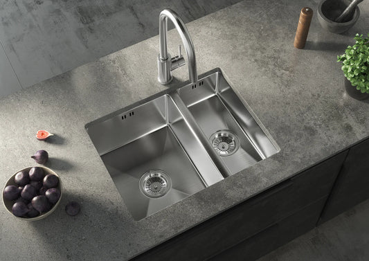 ETAN 1.5 Bowl Kitchen Sink | Inset or Undermounted | Chrome Strainer Wastes Supplied | 555x440x205 | Brushed Steel